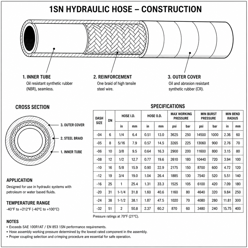 Hydraulic hose 1SN DN10, 2 m